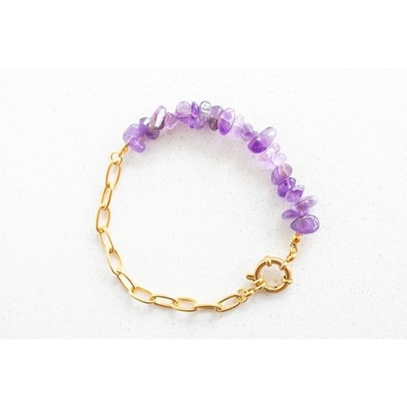 Amethyst Gemstone Bracelet Waterproof Gold Paperclip Chain Statement Bracelet - Picture 1 of 4